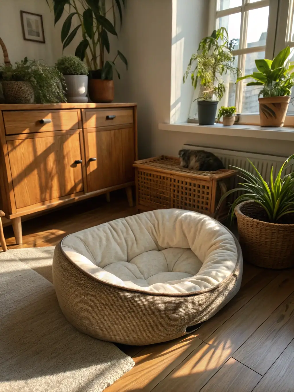 A close-up of the Soft Plush Cat Bed, showcasing its ultra-soft materials, round shape, and raised edges, emphasizing its warmth and security for cats.